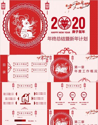 2020剪纸风格鼠年颁奖表彰年会总结PPT模板