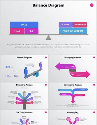 发散扩散整合融合箭头跷跷板平衡杠杆标杆圈矩阵核心关系图信息图表PPT可编辑元素素材