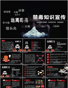 高级黑色远离毒品禁毒知识宣传教育PPT模板