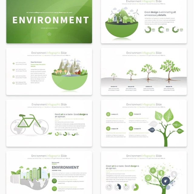 11套色系绿色生态环境PPT信息图形幻灯片演示Environment - PowerPoint Infographics Slides