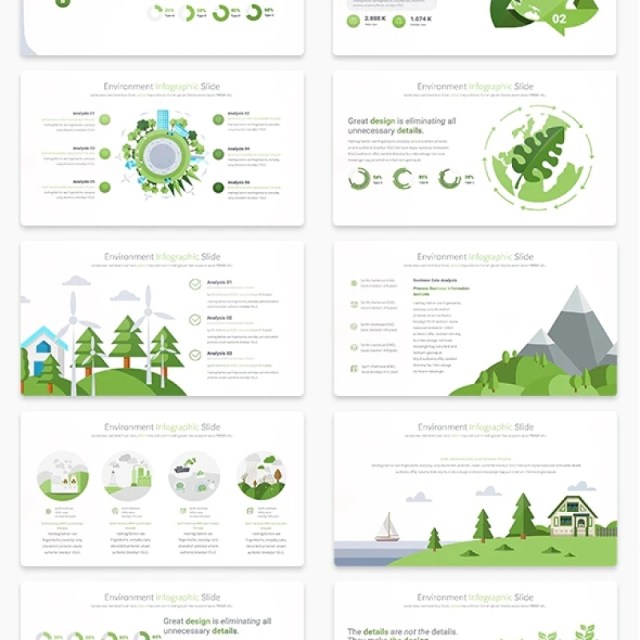 11套色系绿色生态环境PPT信息图形幻灯片演示Environment - PowerPoint Infographics Slides