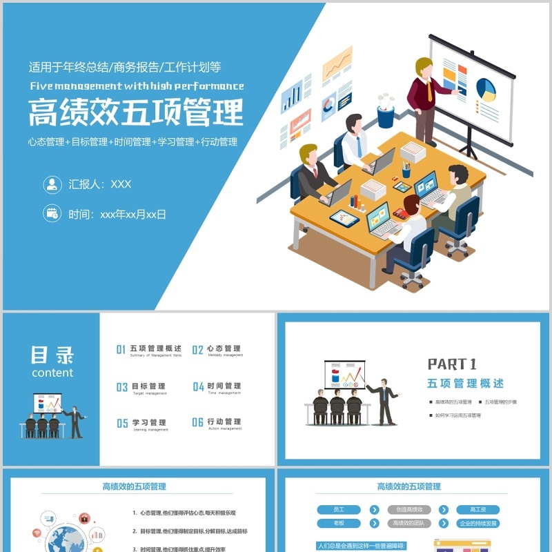 蓝色商务高绩效五项管理员工培训PPT模板