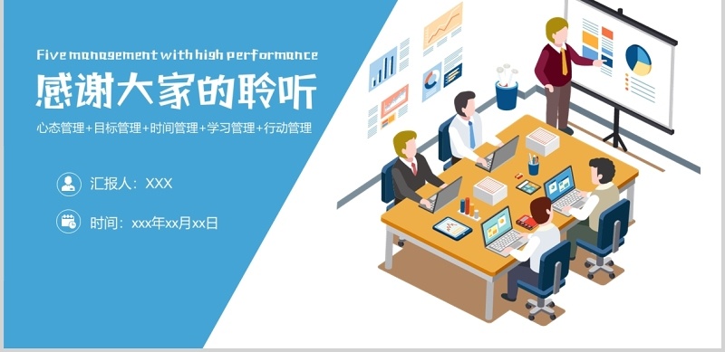 蓝色商务高绩效五项管理员工培训PPT模板
