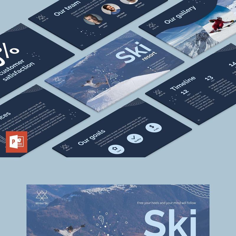 深蓝色滑雪游乐宣传介绍PPT模板不含照片Ski Resort PowerPoint Presentation Template