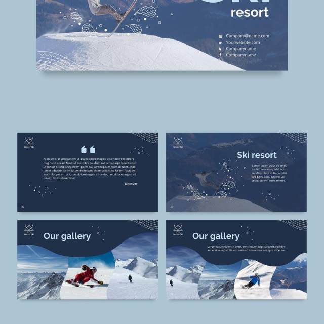 深蓝色滑雪游乐宣传介绍PPT模板不含照片Ski Resort PowerPoint Presentation Template