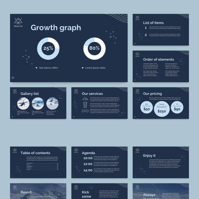 深蓝色滑雪游乐宣传介绍PPT模板不含照片Ski Resort PowerPoint Presentation Template