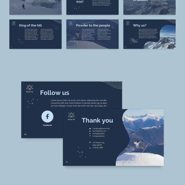 深蓝色滑雪游乐宣传介绍PPT模板不含照片Ski Resort PowerPoint Presentation Template