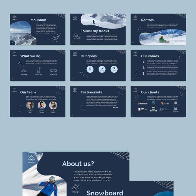 深蓝色滑雪游乐宣传介绍PPT模板不含照片Ski Resort PowerPoint Presentation Template