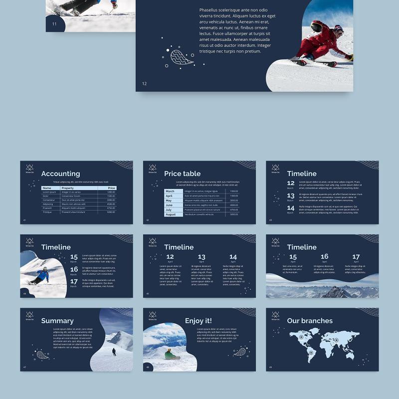 深蓝色滑雪游乐宣传介绍PPT模板不含照片Ski Resort PowerPoint Presentation Template