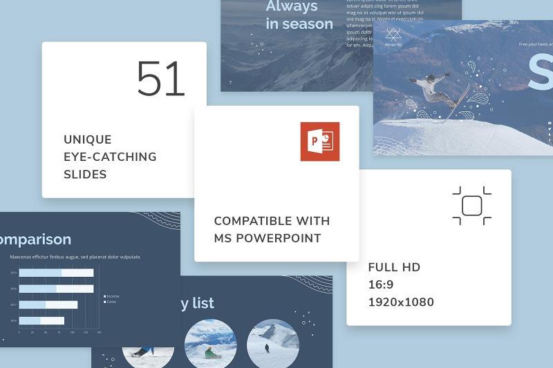 深蓝色滑雪游乐宣传介绍PPT模板不含照片Ski Resort PowerPoint Presentation Template