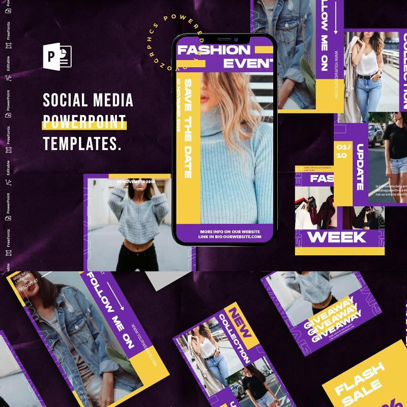 紫黄双色手机竖版社交媒体杂志PPT版式模板不含照片Social Media PowerPoint Template