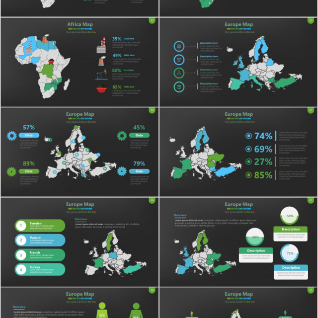 绿色深色背景世界地图PPT模板数据可视化分析地图元素Map Presentation