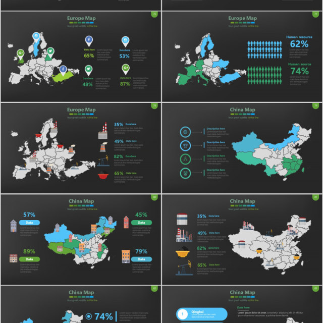 绿色深色背景世界地图PPT模板数据可视化分析地图元素Map Presentation