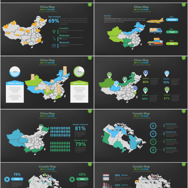 绿色深色背景世界地图PPT模板数据可视化分析地图元素Map Presentation