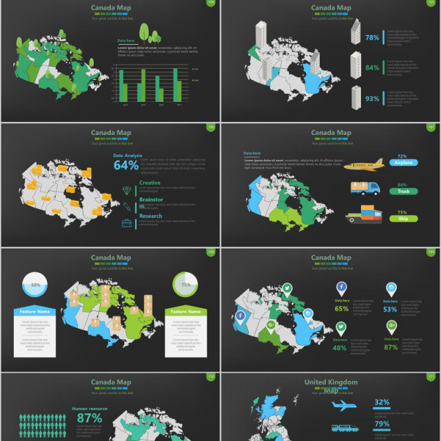 绿色深色背景世界地图PPT模板数据可视化分析地图元素Map Presentation
