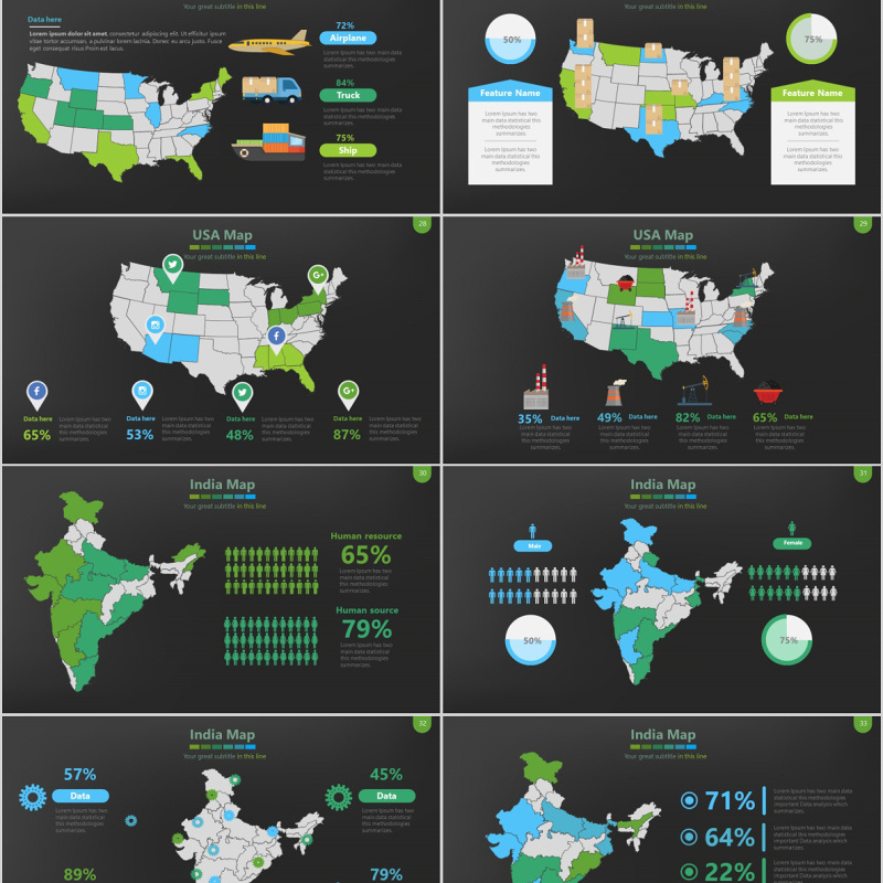 绿色深色背景世界地图PPT模板数据可视化分析地图元素Map Presentation
