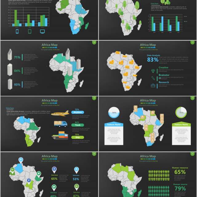绿色深色背景世界地图PPT模板数据可视化分析地图元素Map Presentation