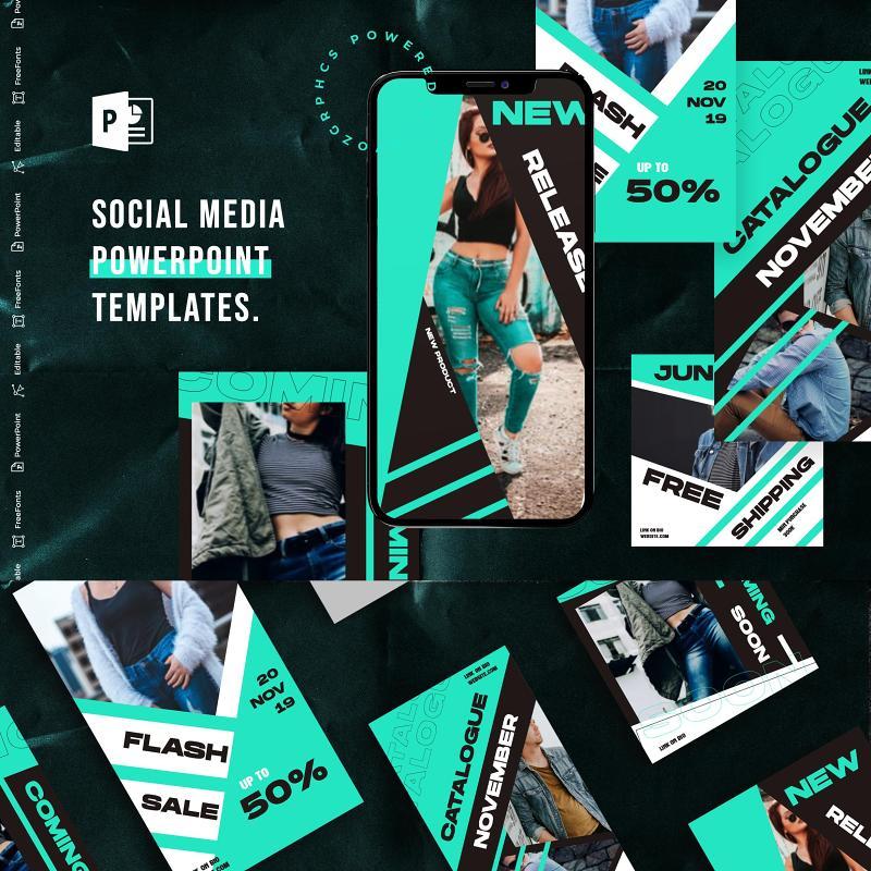 宝石蓝手机竖版社交媒体杂志PPT版式模板Social Media PowerPoint Template