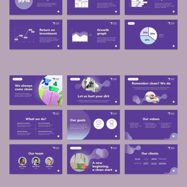 紫色清洁服务保洁家政公司宣传介绍PPT模板不含照片Cleaning Service PowerPoint Presentation Template