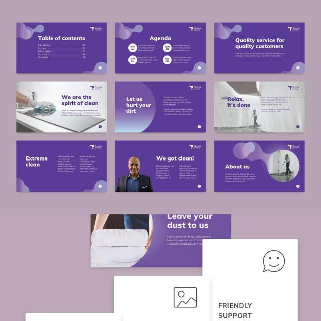 紫色清洁服务保洁家政公司宣传介绍PPT模板不含照片Cleaning Service PowerPoint Presentation Template