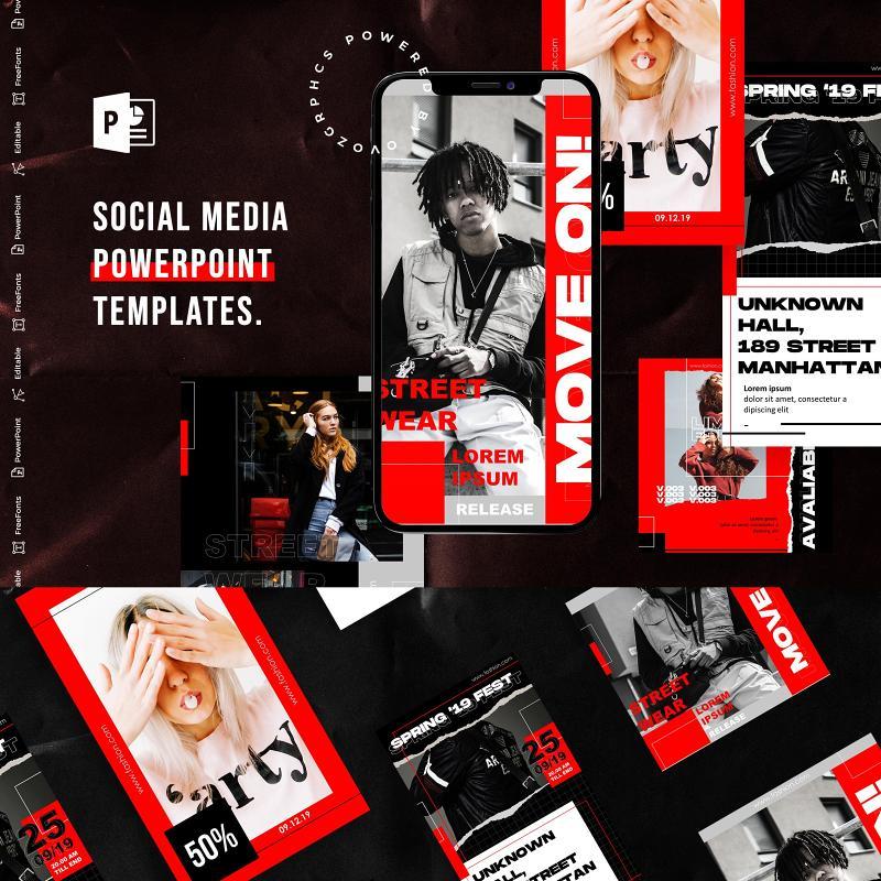 简约红色手机竖版社交媒体杂志PPT版式模板不含照片Social Media PowerPoint Template