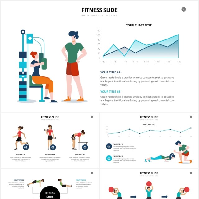 运动健身瑜伽哑铃跑步人物插画PPT图表素材Fitness Powerpoint Slides