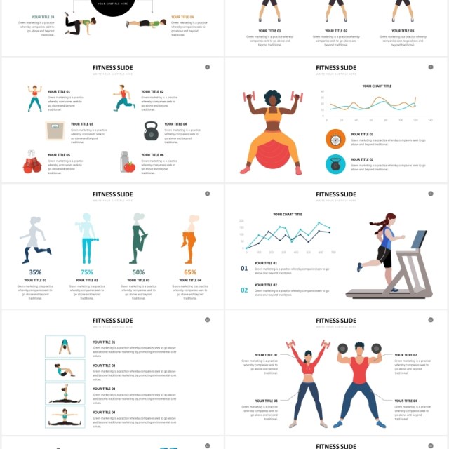 运动健身瑜伽哑铃跑步人物插画PPT图表素材Fitness Powerpoint Slides