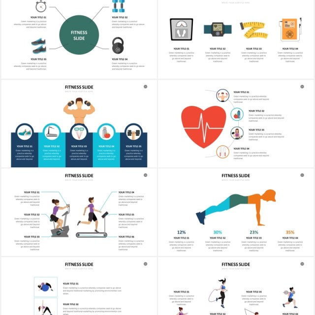 运动健身瑜伽哑铃跑步人物插画PPT图表素材Fitness Powerpoint Slides