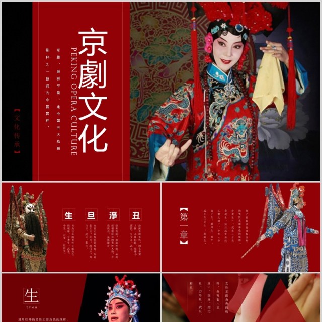 红色中国风传统文化艺术京剧戏曲演绎宣传PPT模板