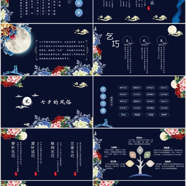 深蓝色中国传统节日七夕节日的由来主题PPT模板