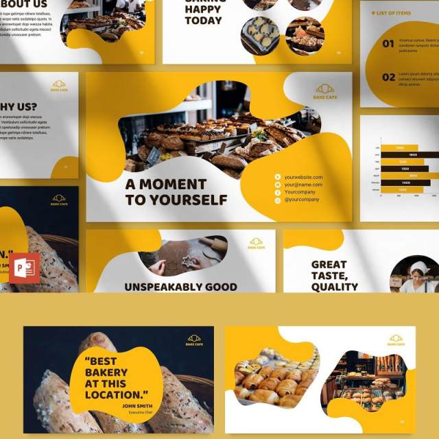 黄色烘焙咖啡厅面包店商业宣传介绍PPT模板不含照片Bakery Cafe PowerPoint Presentation Template