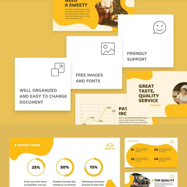 黄色烘焙咖啡厅面包店商业宣传介绍PPT模板不含照片Bakery Cafe PowerPoint Presentation Template