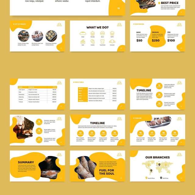 黄色烘焙咖啡厅面包店商业宣传介绍PPT模板不含照片Bakery Cafe PowerPoint Presentation Template