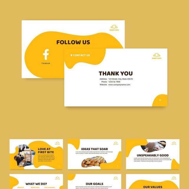 黄色烘焙咖啡厅面包店商业宣传介绍PPT模板不含照片Bakery Cafe PowerPoint Presentation Template