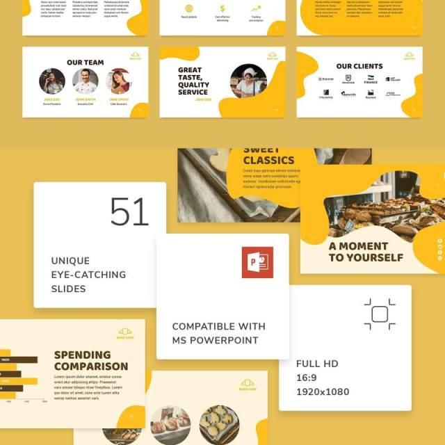 黄色烘焙咖啡厅面包店商业宣传介绍PPT模板不含照片Bakery Cafe PowerPoint Presentation Template