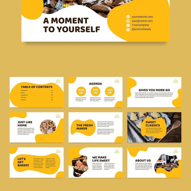 黄色烘焙咖啡厅面包店商业宣传介绍PPT模板不含照片Bakery Cafe PowerPoint Presentation Template