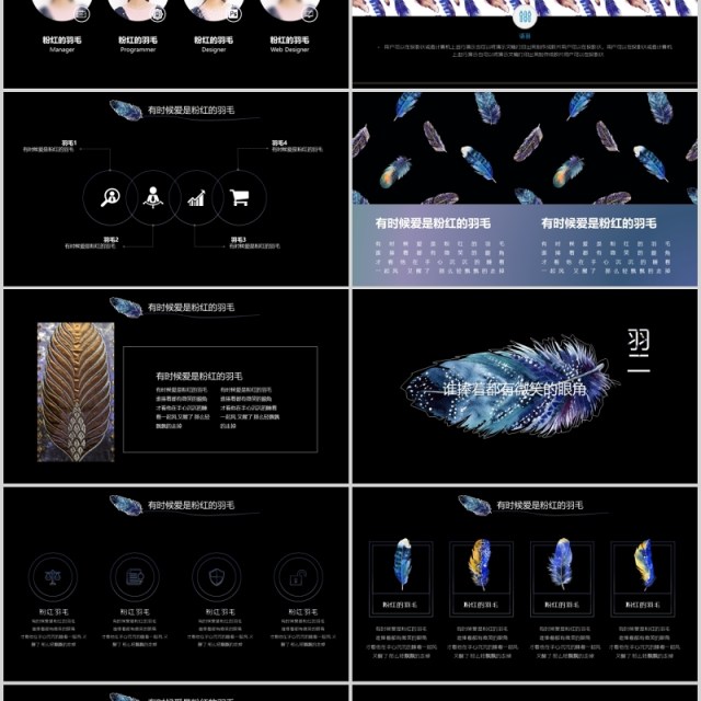 创意羽毛黑色工作通用PPT模板