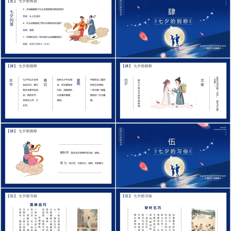 经典蓝色中国传统节日七夕节日介绍动态PPT模板