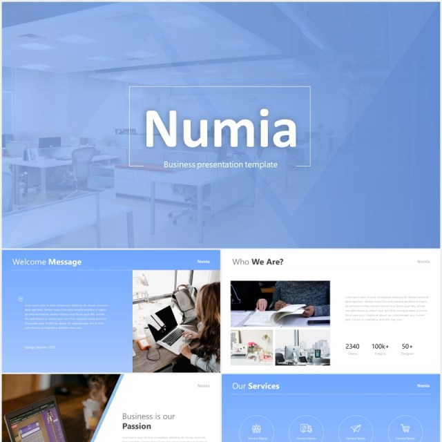 蓝色简约工作报告总结公司宣传PPT模板Numia - Blue