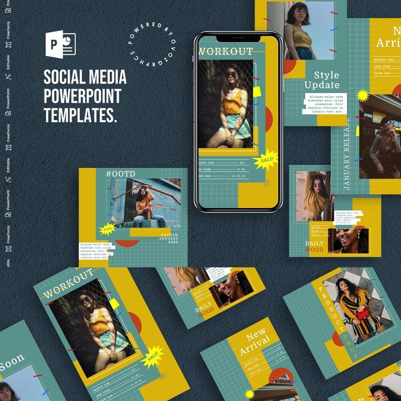 格子底纹手机竖版社交媒体PPT模板Social Media PowerPoint Template