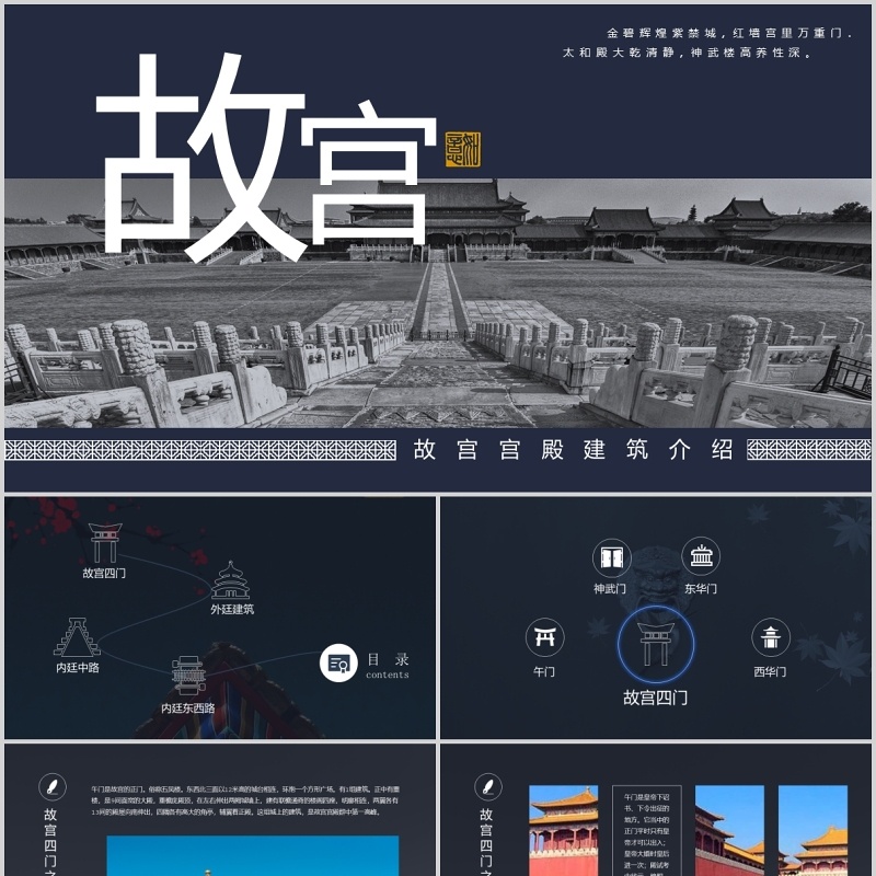 深蓝色故宫主题PPT模板
