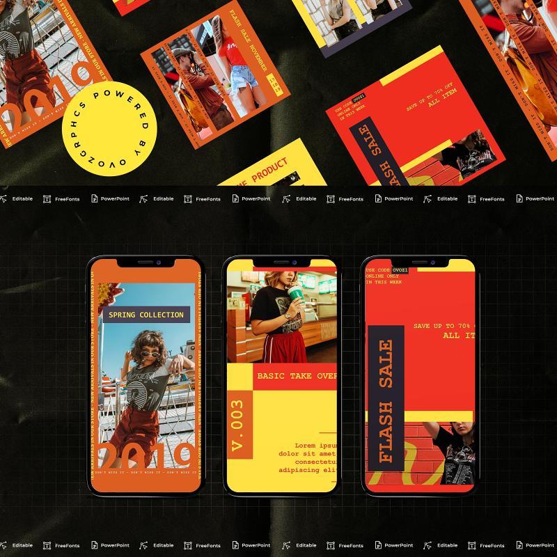 红黄橙色手机竖版社交媒体杂志PPT版式模板Social Media PowerPoint Template