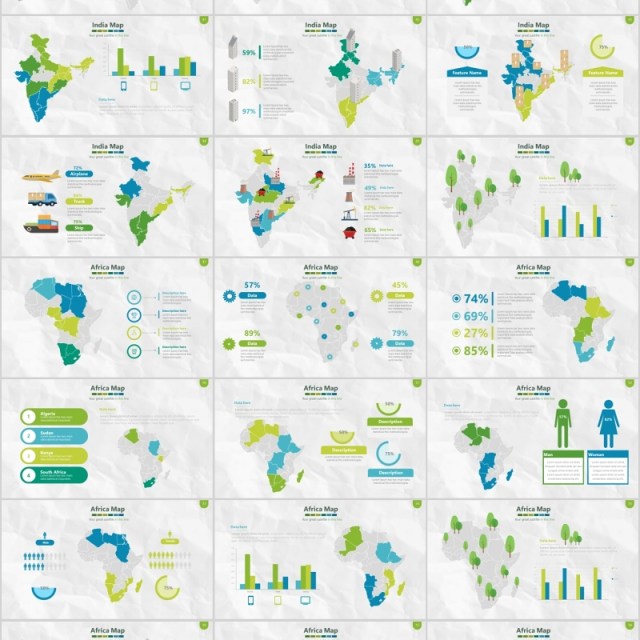 绿色系世界地图PPT演示元素含多个国家素材Map Presentation