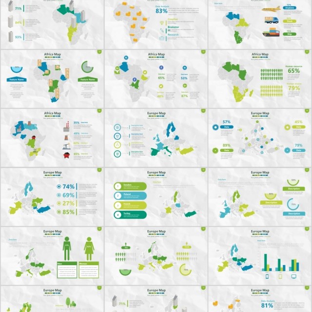 绿色系世界地图PPT演示元素含多个国家素材Map Presentation