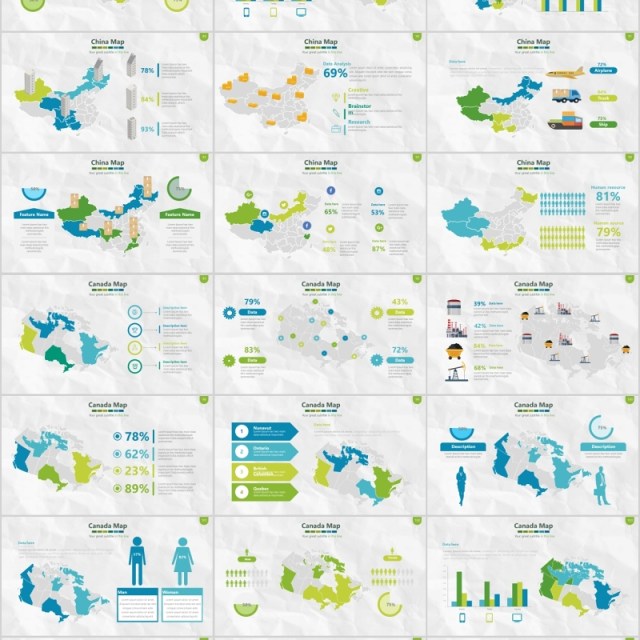 绿色系世界地图PPT演示元素含多个国家素材Map Presentation