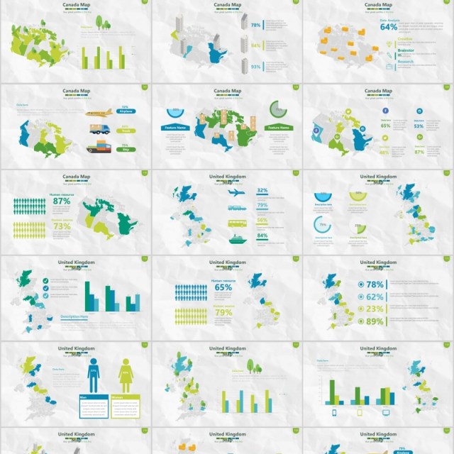 绿色系世界地图PPT演示元素含多个国家素材Map Presentation