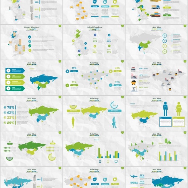 绿色系世界地图PPT演示元素含多个国家素材Map Presentation