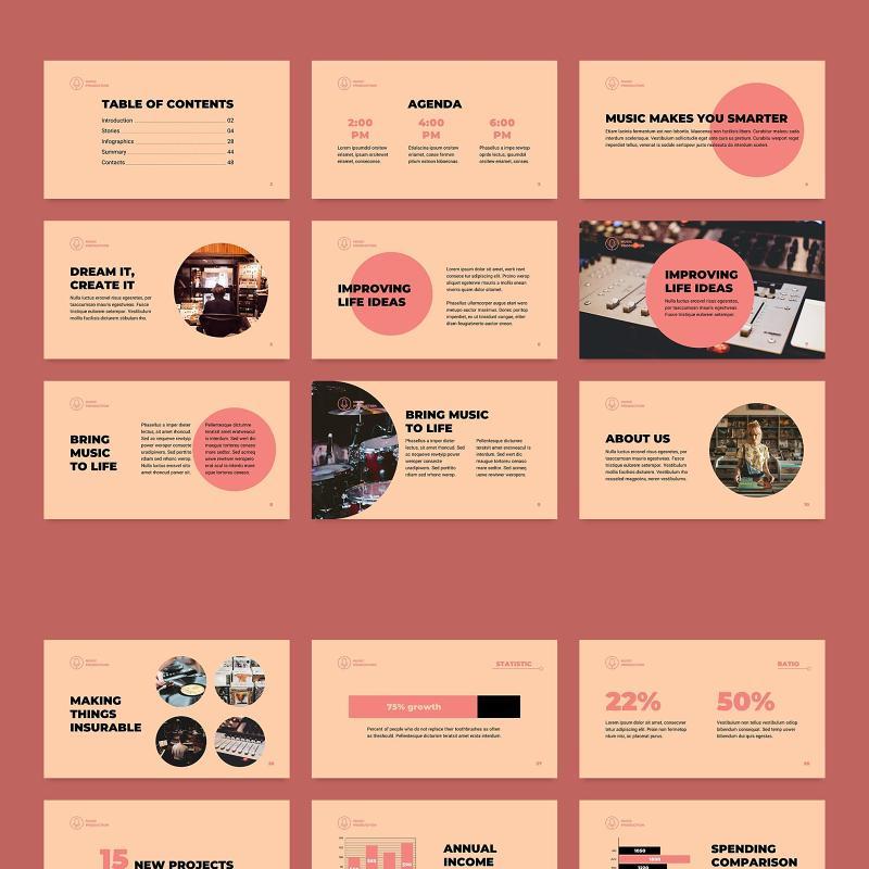 音乐制作唱片公司PPT模板不含照片Music Production PowerPoint Presentation Template