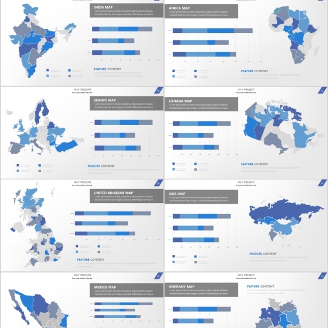 3套色系世界地图PPT图表信息各个国家地图素材演示Map & Charts Presentation