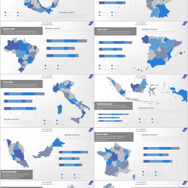 3套色系世界地图PPT图表信息各个国家地图素材演示Map & Charts Presentation